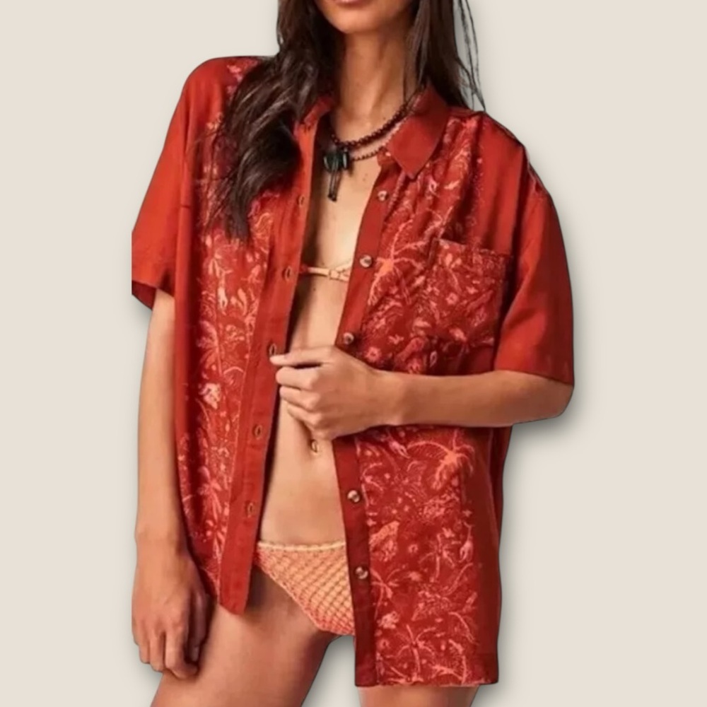 We The Free by‎ Free People Rumi Printed Button Down Shirt XS Oversized RRP $98
